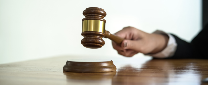 Close up hand of female lawyer holding gavel.