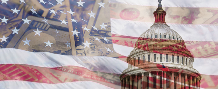 American flag over money and federal building to represent conspiracy