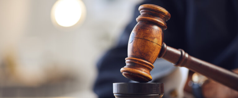 Law, judge and closeup of lawyer with gavel for justice, court hearing and legal trial for magistrate. Government, attorney career and zoom of desk for investigation, criminal case and verdict order