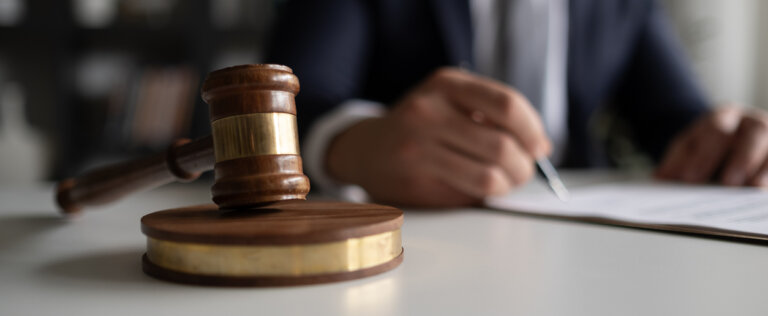 Judge or Legal advisor lawyer examining and signing legal documents.